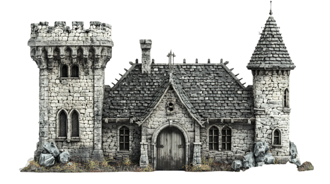 a 3d model of a medieval stone castle on a transparent background, PNG image, PNG file, Generative art.