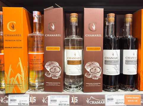 Grand Bay, Mauritius - January 29, 2025: Assortment of Chamarel spirits, including Double Distilled Rum, Coconut Liqueur, and Coffee Liqueur