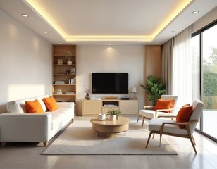 Fototapeta premium Modern living room interior design. Spacious light apartment with sofa TV table chairs. Home decor with plants, wooden furniture. Cozy home interior, comfortable apartment. Luxury real estate, modern