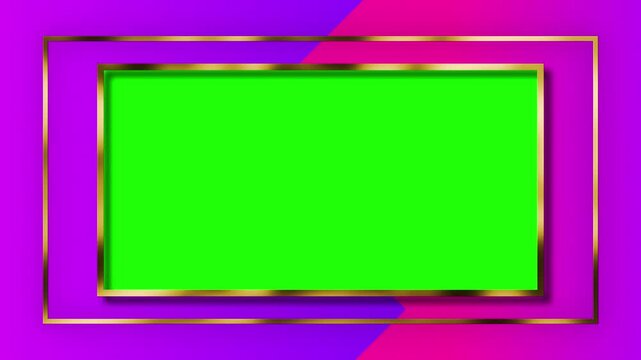 Green screen two gold frames purple pink background suitable for chroma key photo video editing graphic design projects.