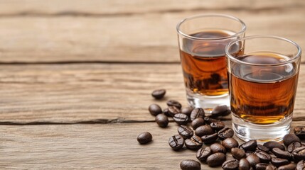 Fototapeta premium Coffee and liquor in shot glasses with beans on rustic wood