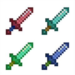 Obraz premium Set of pixelated fantasy swords in different colors. Iconic blocky style, perfect for RPG or adventure-themed digital worlds. Transparent background.