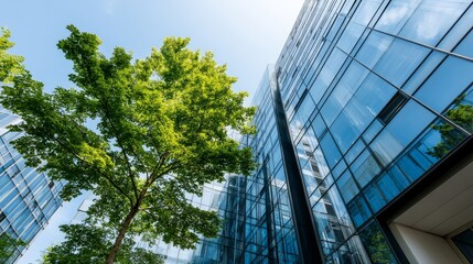 Reflective glass panels of a contemporary office tower rise against a blue sky, partially surrounded by vibrant green foliage, emphasizing eco-friendly design