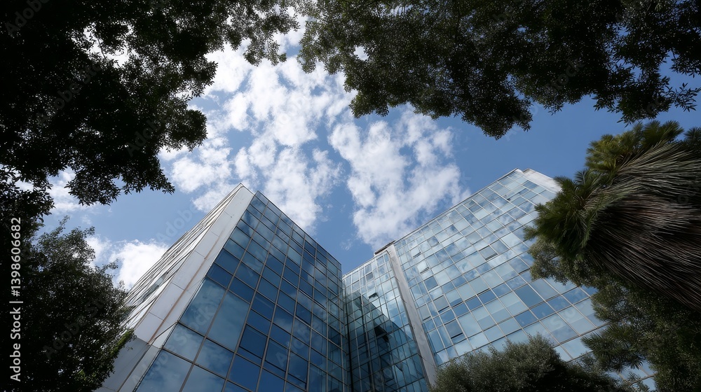Aufkleber Low-angle view highlights a modern glass structure framed by tree branches, presenting a harmonious blend of architecture and nature under a bright blue sky