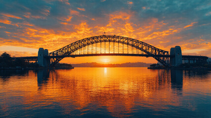 Naklejka premium The sun sets behind a large steel arch bridge spanning a calm body of water, casting golden reflections and illuminating the sky with vibrant orange hues.