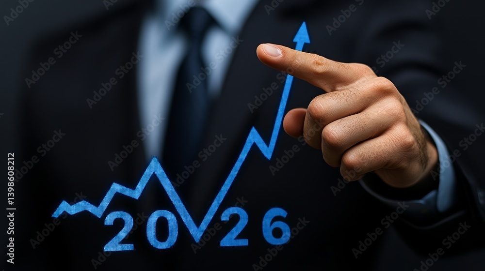 Poster a futuristic chart displaying a luminous 2026 label overhead, directed by a hand mapping out busines
