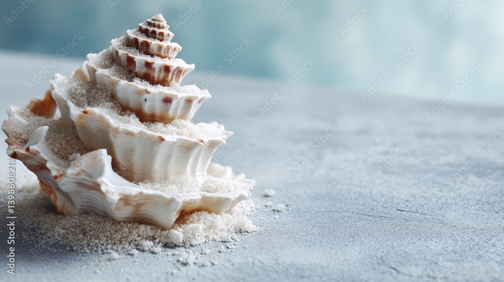Poster close-up of a weathered seashell displaying beautiful spiral patterns and a shiny interior, with san