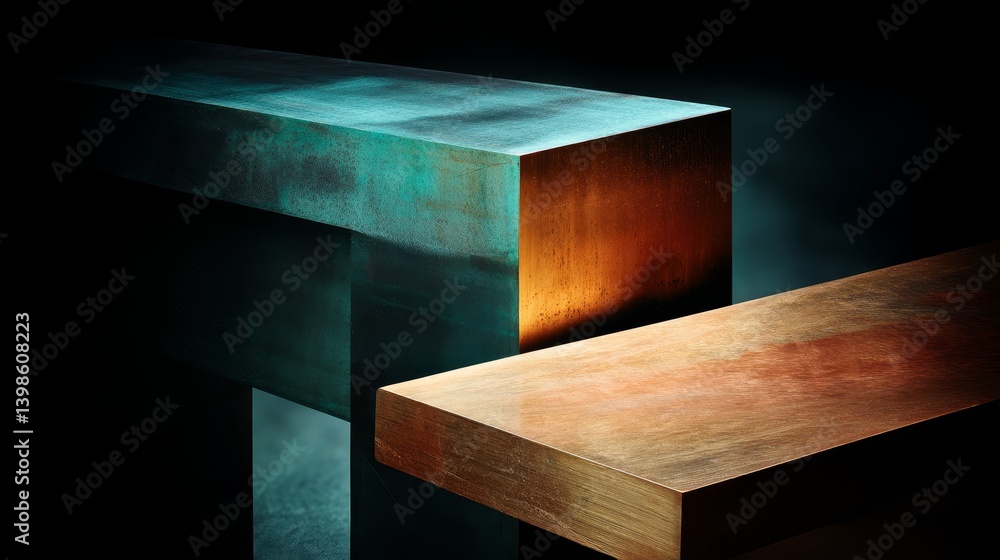 Poster High-contrast lighting reveals intricate geometric patterns formed by brushed titanium and oxidized copper surfaces in a macro shot with ample copy space