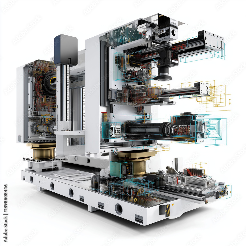 Poster digital twin model industry data performance prediction analytics. 3d digital twin of industrial mac