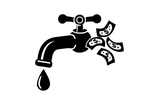 Cash Flow Concept Faucet dispensing currency notes instead of water, symbolizing a steady stream of income and financial abundance