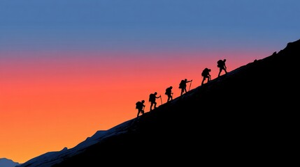 Fototapeta premium Hikers ascend mountain sunrise