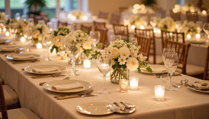 Elegant wedding reception table beautifully decorated with flowers  