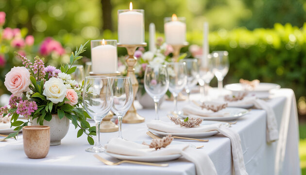 Elegant outdoor dining setup with flowers and candles against greenery  
