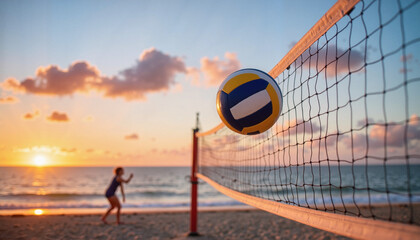 Beach Volleyball Action at Sunset with Ball in Mid-Air for Sports Blogs, Fitness Websites, Outdoor Activities, and Social Media Content
