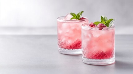 Two refreshing cocktails with ice and fresh mint leaves in elegant glasses on a light grey surface, close-up shot, vibrant pink beverage, and summer drink concept.