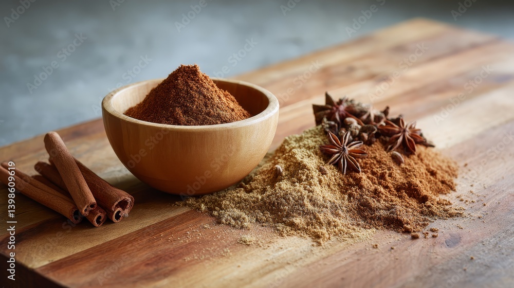 Poster cinnamon sticks and star anise decorate a mortar filled with an aromatic spice blend, creating a war