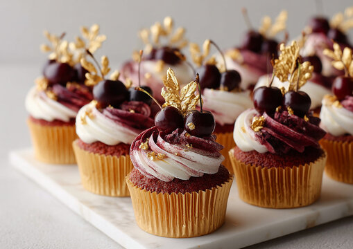 Dark red cherry cupcakes with swirled frosting