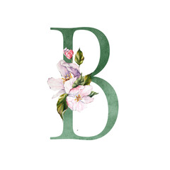 Floral Alphabet letter with botanical bouquet apple flowers. Wedding watercolor hand painted invitations, pink, purple, coral, greeting card, birthday, logo, poster 
