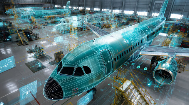 Digital twin model industry data performance prediction analytics. Digital twin model of aerospace production systems simulation image.