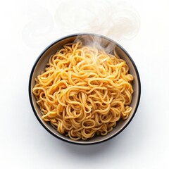Steaming hot noodles in bowl dark background