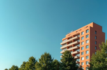 Orange building with many windows, balconies, against blue sky. Modern apartment building located in urban area. Residential property with trees, architecture and real estate for sale or rent.