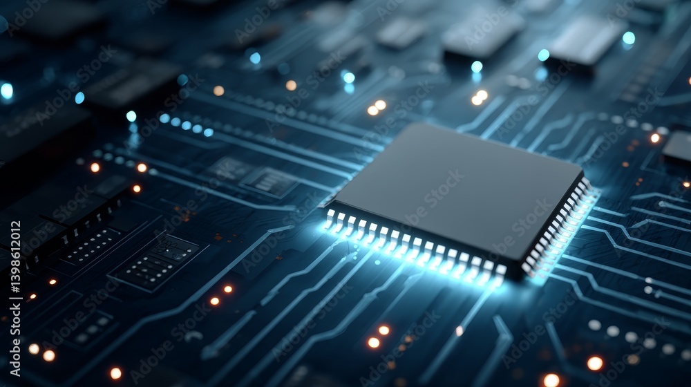 Leinwandbilder A microchip emits a soft glow with a holographic shield display, suspended above a shiny surface. The design highlights future technology with blue accents
