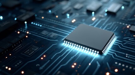 A microchip emits a soft glow with a holographic shield display, suspended above a shiny surface. The design highlights future technology with blue accents