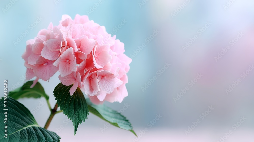 Poster a beautiful pink hydrangea blooms brightly, its delicate petals glowing softly against a pastel boke