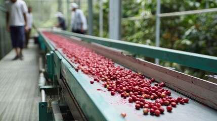 Workers carefully sort red coffee cherries on a conveyor belt in a lively processing station surrounded by greenery, illuminated by natural light