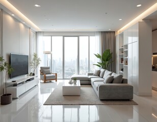 Fototapeta premium Modern living room interior design. White walls, glossy floor. Comfortable gray sofa, arm chair, coffee table. Large windows with city view. Cozy home apartment. Modern minimalist style.