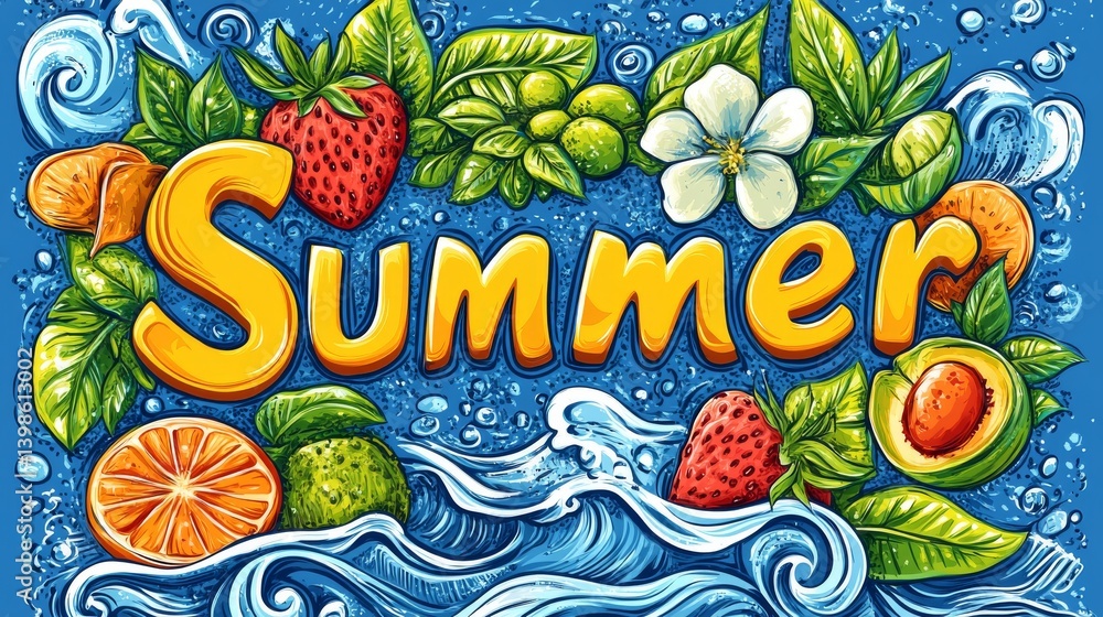 Fototapete Welcoming summer with a contemporary 3D typography, adorned with a sun and palm tree, on a blue dot pattern background in a dynamic paper cut style