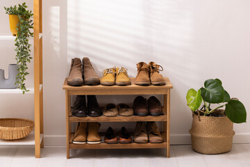 Stylish interior of modern hall with shoes on stand