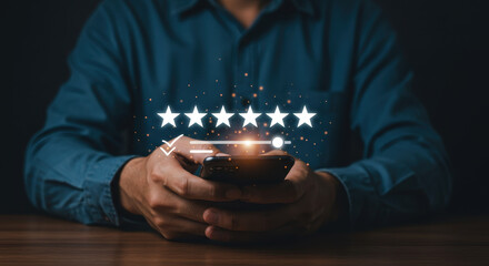 Rating Experience: Man Giving 5-Star Review on Phone. Boost Customer Satisfaction & Online Reputation with Positive Feedback!
