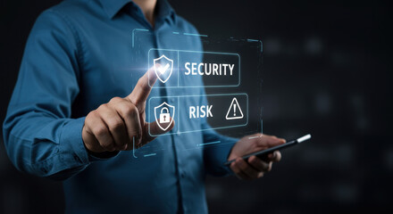 Security vs Risk: Balancing Cyber Protection with Threat Management in the Digital Age, A Man Navigates IT Security Interface.