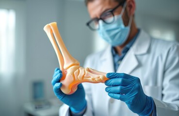Orthopedic doctor examines ankle bone model. Specialist wears medical mask, gloves. Healthcare professional consults patient about injury. Diagnosis, treatment concept, medical exam.