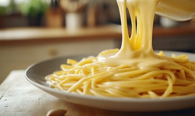 Spaghetti on a plate being covered with a creamy yellow sauce in kitchen.