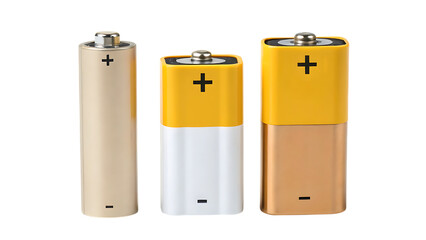 Assorted battery types: aa, 9v, c cell energy sources on transparent background