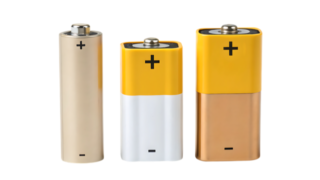 Assorted battery types: aa, 9v, c cell energy sources on transparent background