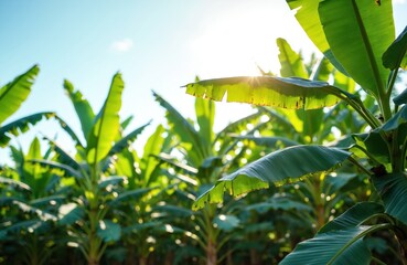 Obraz premium Vibrant banana plantation with rich green leaves. Sunlight filters through large tropical foliage. Agricultural scene shows healthy growth, agriculture, eco-friendly. Banana trees in garden, summer