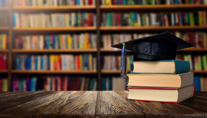 A graduation cap rests neatly on a tall stack of books in front of a library shelf, symbolizing the achievement of knowledge through education and dedicated learning.