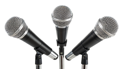 Three microphones on stands for vocal performance on transparent background