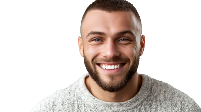 a close up portrait of a young man with a beard smiling at the camera on a transparent background, PNG image, PNG file, Generative art.