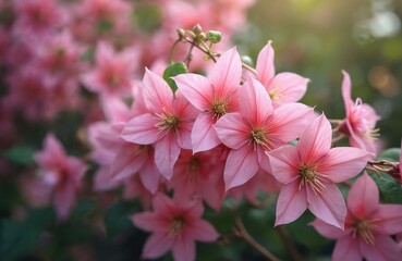 Obraz premium Close-up photo of pink clematis flowers in full bloom. Heart-shaped leaves, vibrant colors, perfect for garden decor. Nature background. Floral wallpaper.