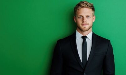 Confident businessman posing in suit against green background portrait minimalist modern corporate professional