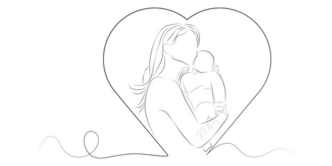 Mother and baby line art. Mom hugs child. Motherhood and newborn concept.  Parent loving kid, happy mother day design for card, banner, poster.
