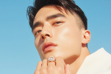 Man showing elegant ring against blue sky.