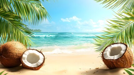 Obraz premium Tropical beach with coconut halves and clear blue ocean in sunny weather. Generated by AI