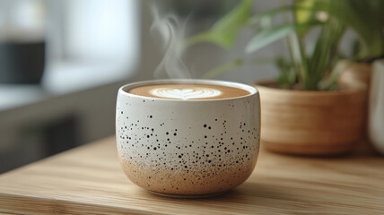 Steaming latte in a speckled cup on a wooden table with plants.