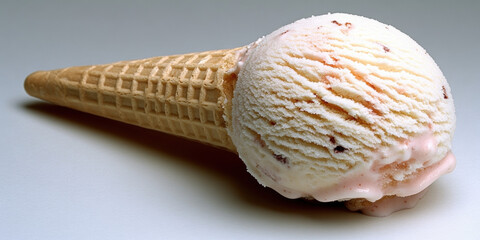 Delicious ice cream cone with strawberry flavor, a sweet summer treat melting on a white background, showcasing creamy texture.