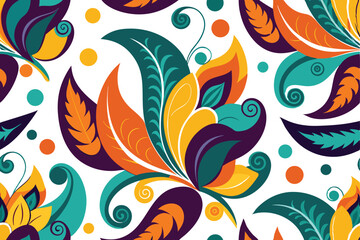 Artistic Floral Ornament Pattern on White Background, Colorful